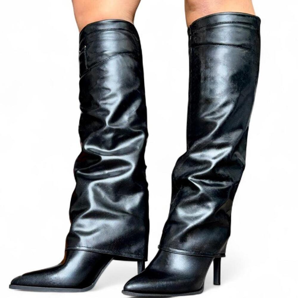Vintage Y2K Black Faux Leather Mobwife Knee High Slouch Stiletto Boots Size 6.5
